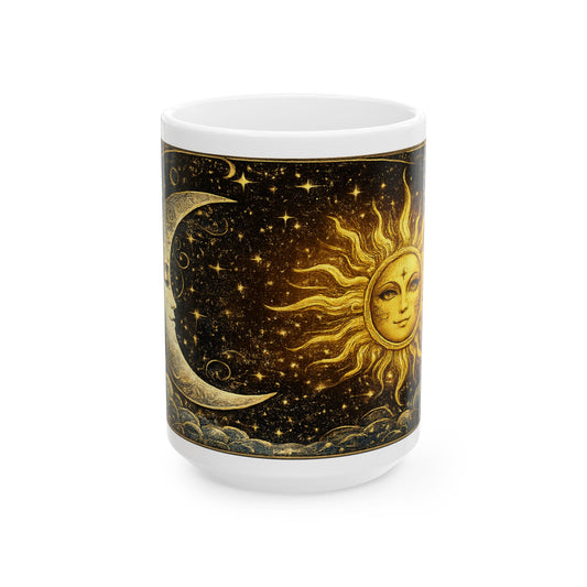 Sun & Moon White Ceramic Mug — Vintage Celestial Astrology Coffee Cup (11oz/15oz)