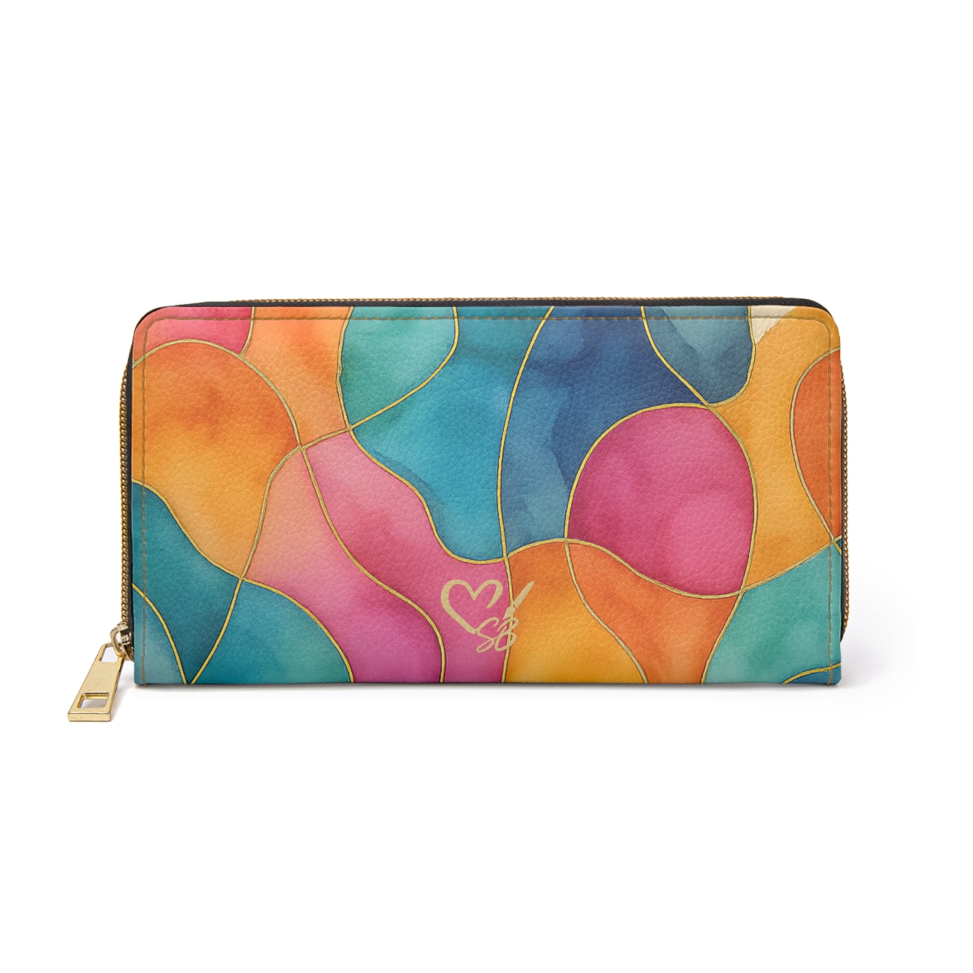 Vicky zipper wallet colorful abstract stained-glass design – PU leather zip-around card and cash organizer by the Soulful Brush
