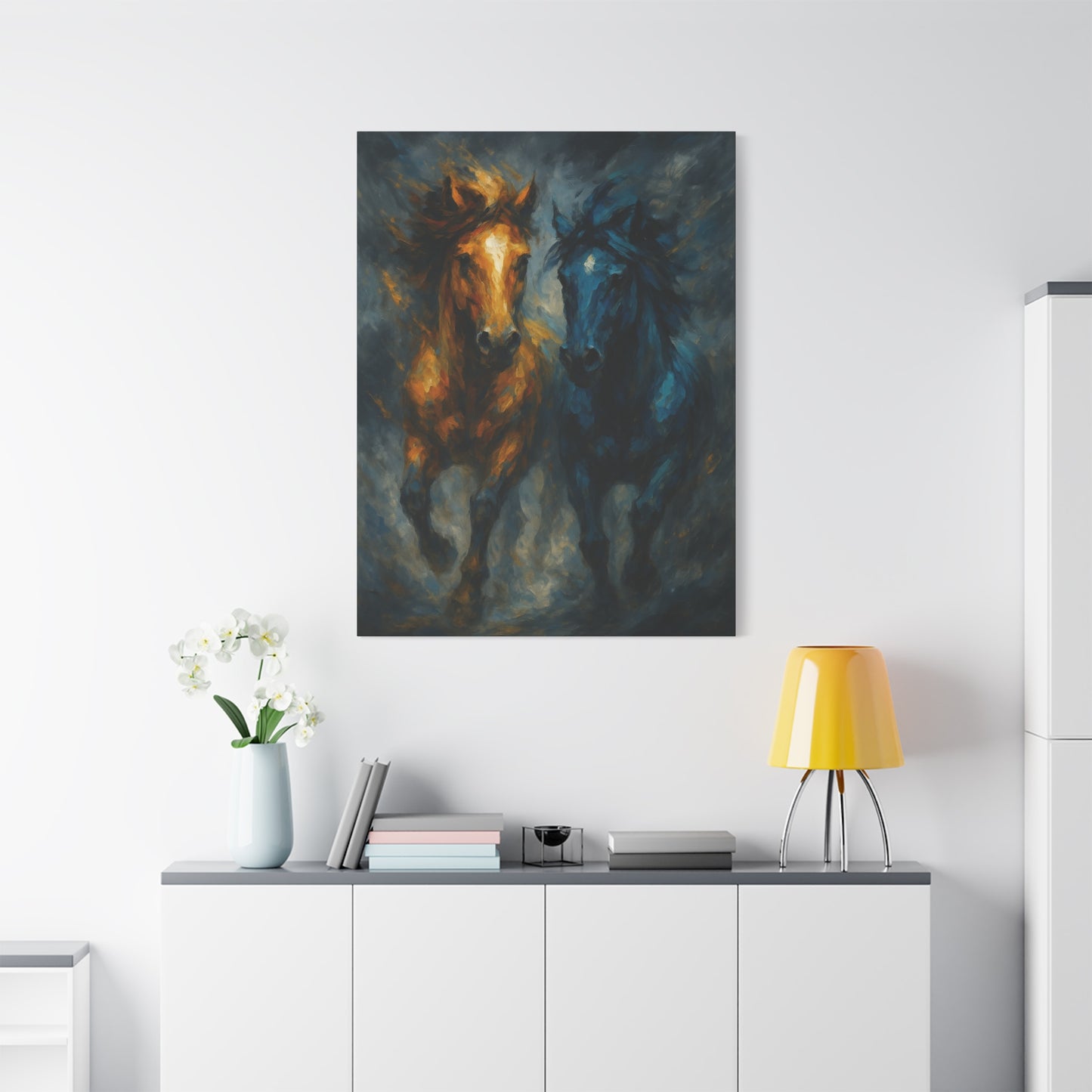 Running Horses Matte Canvas Wall Art — Abstract Gold & Blue Horse Painting