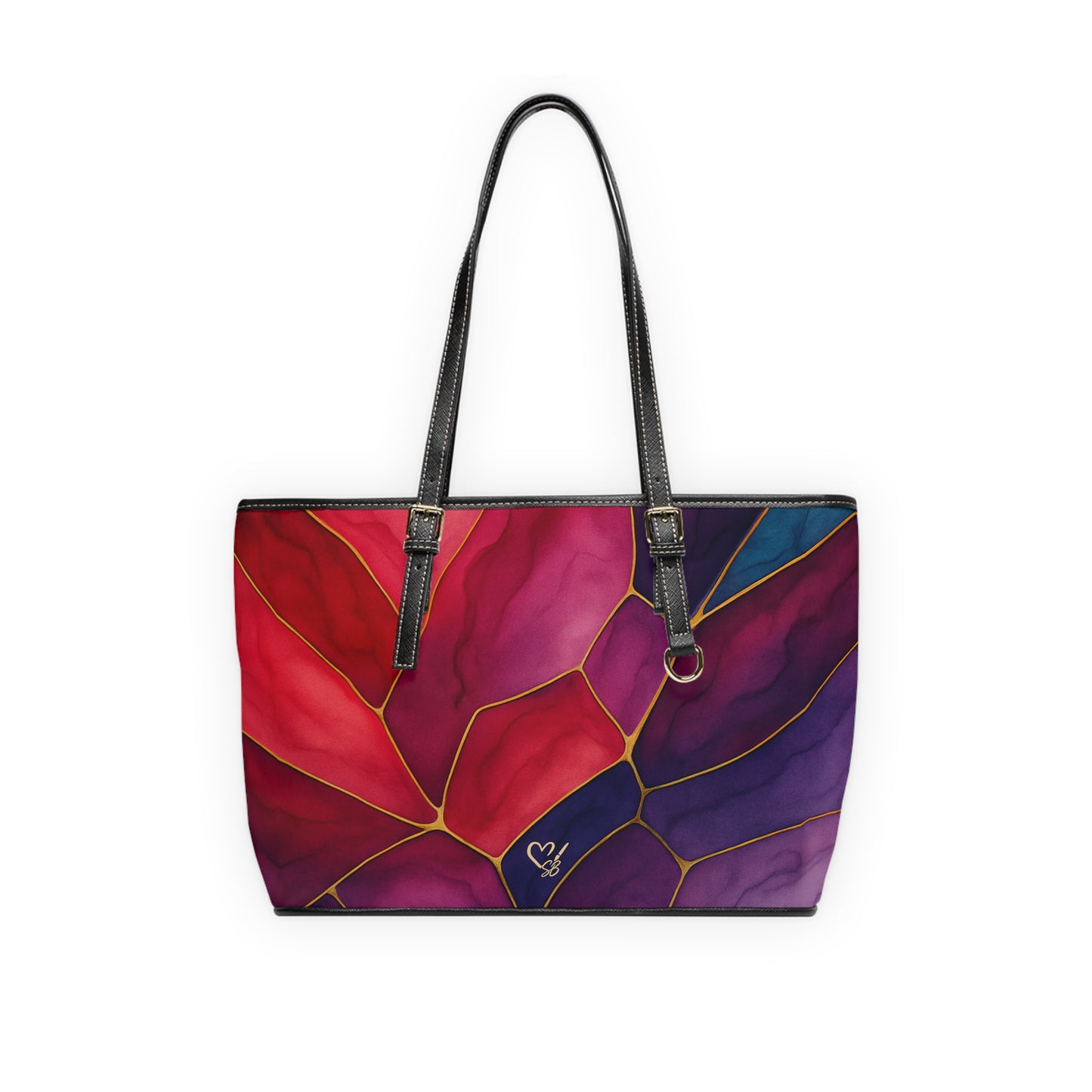 Shelby Artisan Luxe stained glass floral PU leather shoulder tote front view – vibrant jewel-tone floral print structured tote by the Soulful Brush
