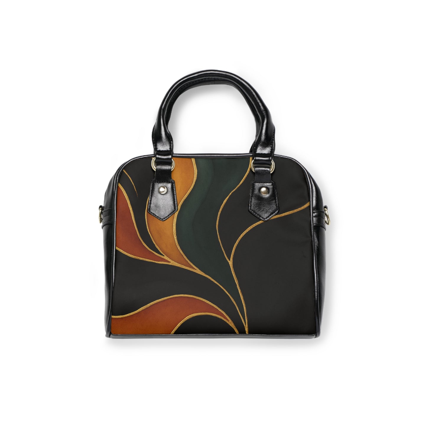 Vivian Artisan Luxe shoulder handbag back view – earthy green burnt orange double-sided print structured handbag by the Soulful Brush
