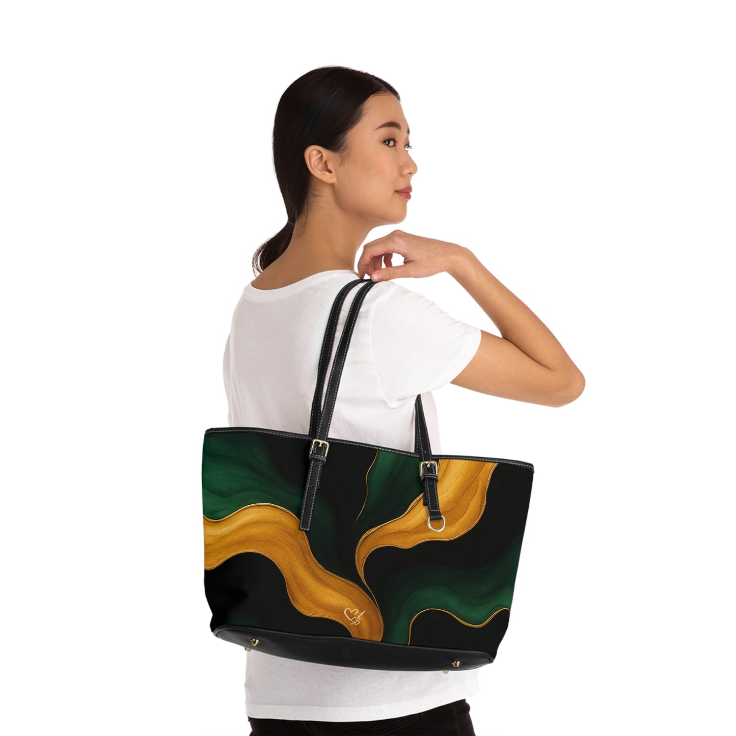 Miranda Artisan Luxe PU leather shoulder bag 17x11 lifestyle shot – rich emerald gold wearable art tote by the Soulful Brush
