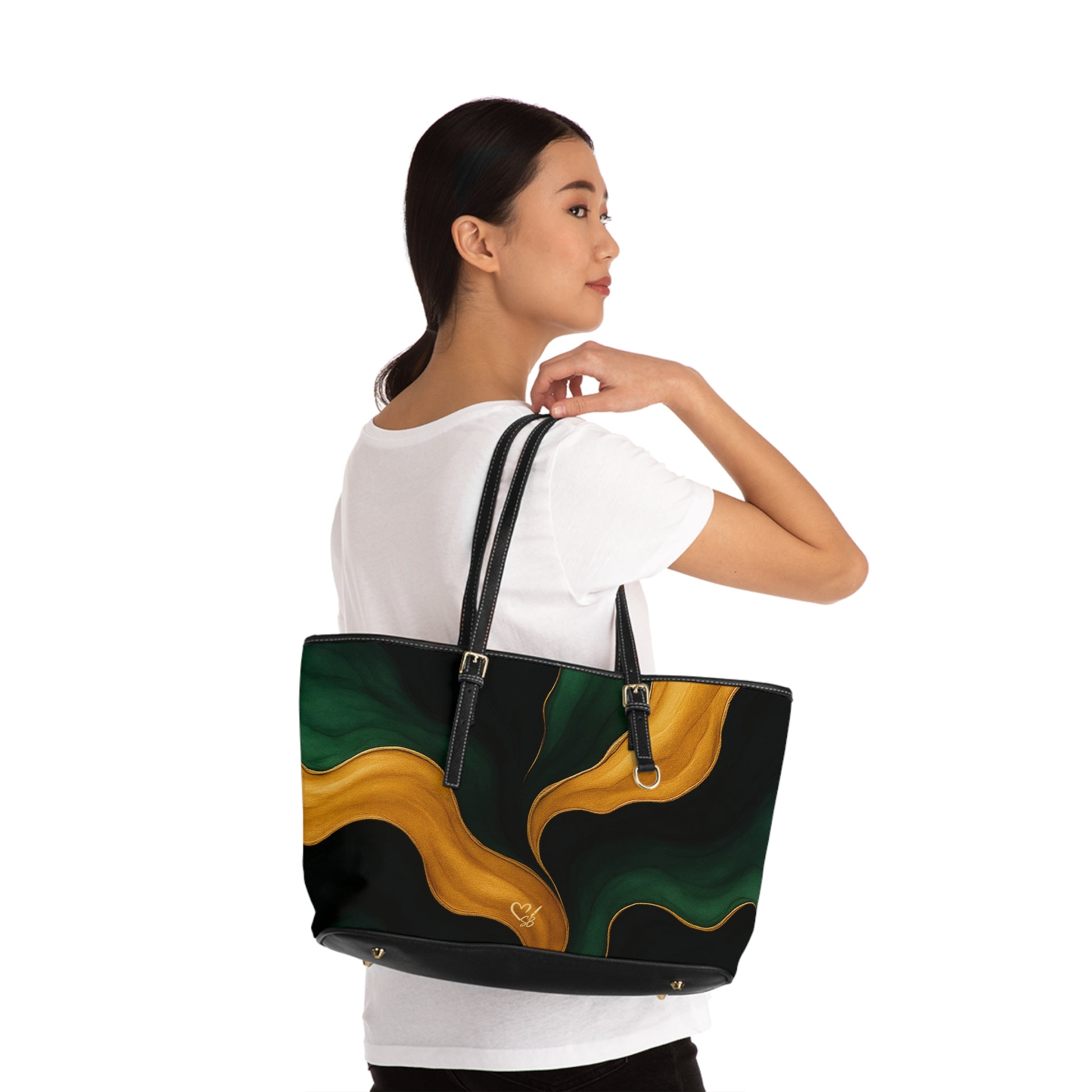 Miranda Artisan Luxe PU leather shoulder bag 17x11 lifestyle shot – rich emerald gold wearable art tote by the Soulful Brush
