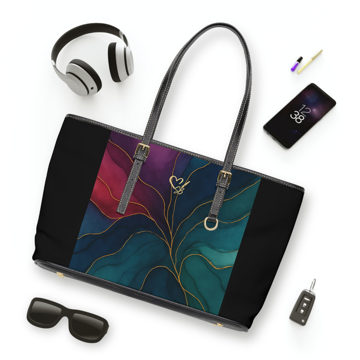 Tyler-2025 Artisan Luxe Collection-panel PU Shoulder Bag — Teal & Burgundy Tote with Gold Vein Accent
