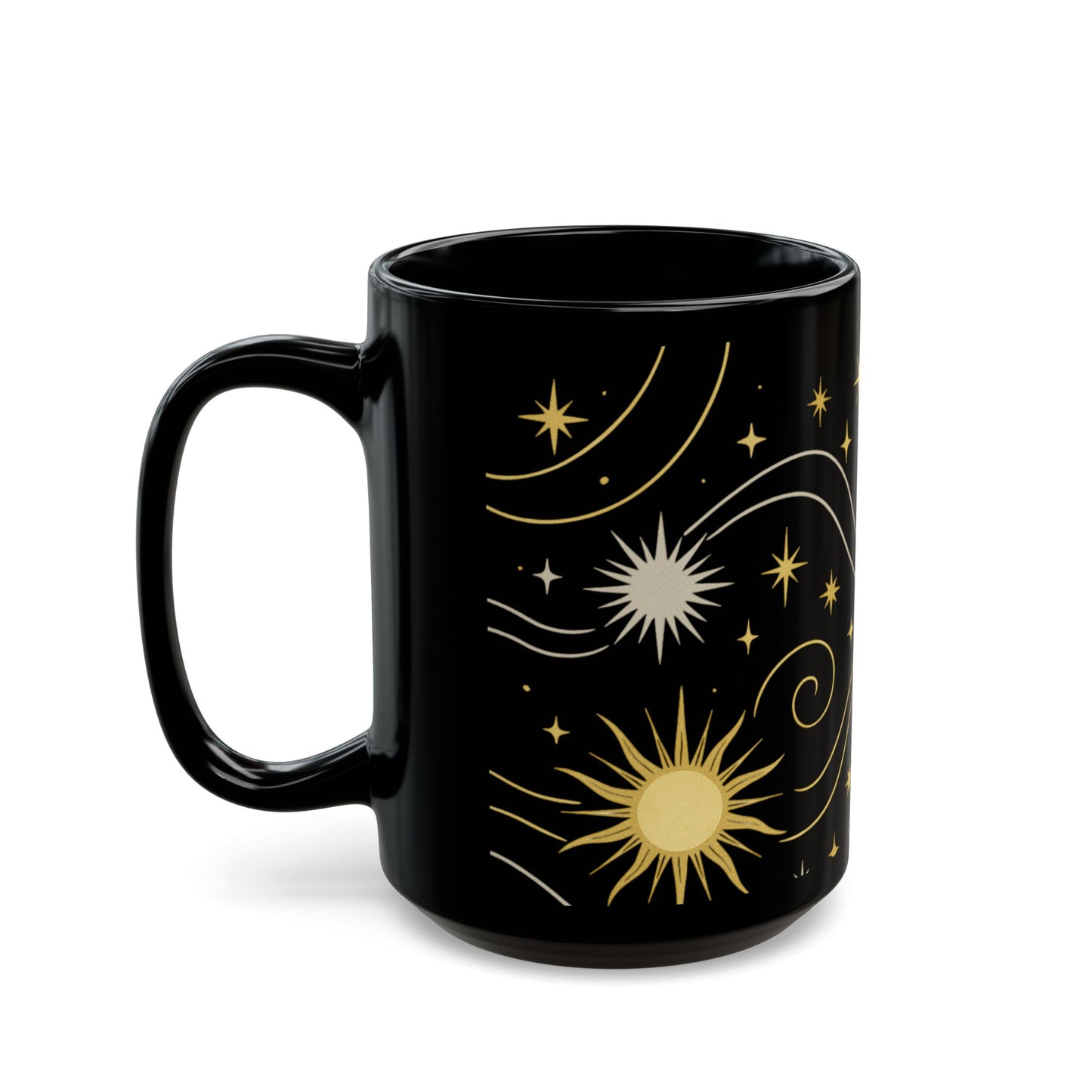 Astrology Sun & Stars Black Mug — Gold Celestial Coffee Cup (11oz/15oz)