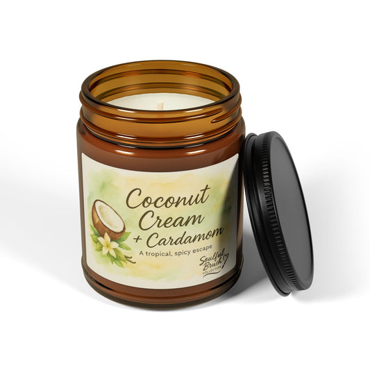 Coconut Cream + Cardamom Soy Candle – Amber Jar, 9oz