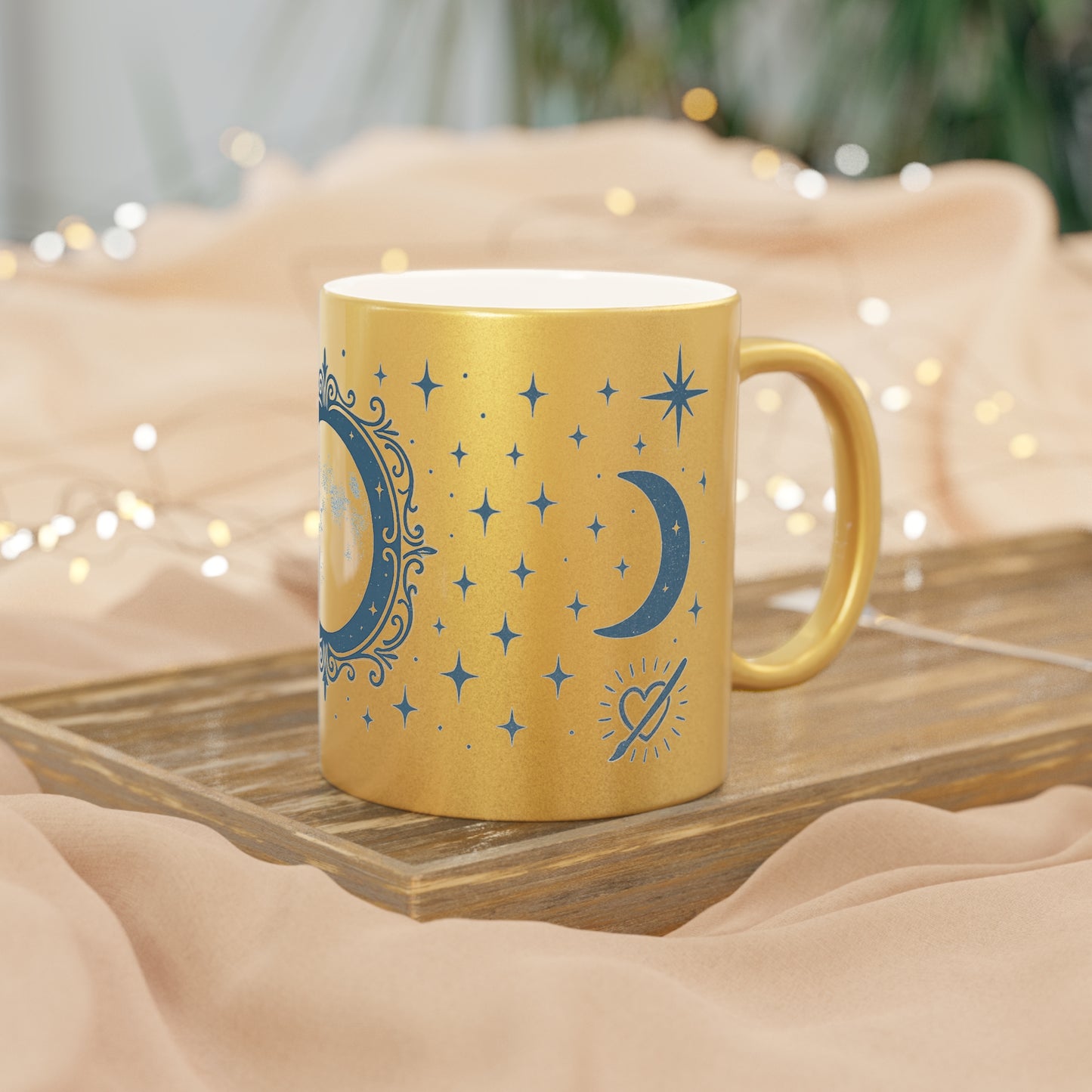 Taza Metálica Fase Lunar — Taza de Café Celestial Plateada/Dorada con Estrellas y Luna Creciente