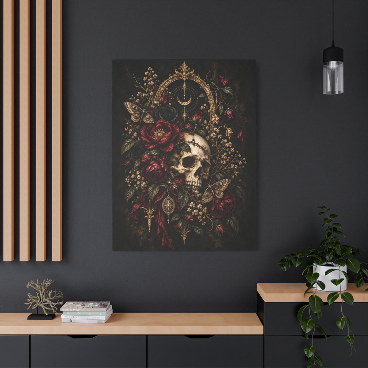 Skull & Roses Gothic Canvas Wall Art —Eclipsed Moon- Matte Stretched 1.25"