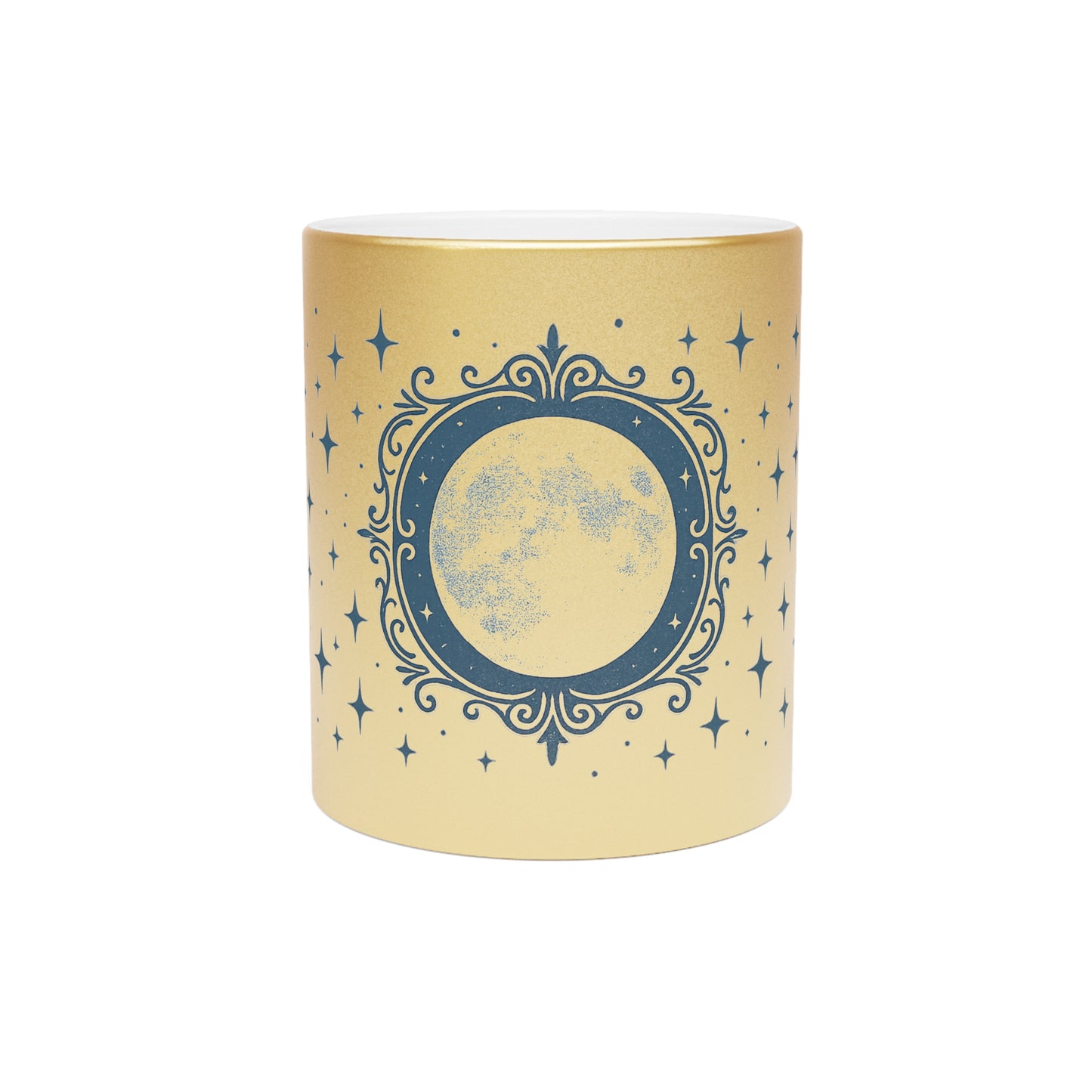 Taza Metálica Fase Lunar — Taza de Café Celestial Plateada/Dorada con Estrellas y Luna Creciente