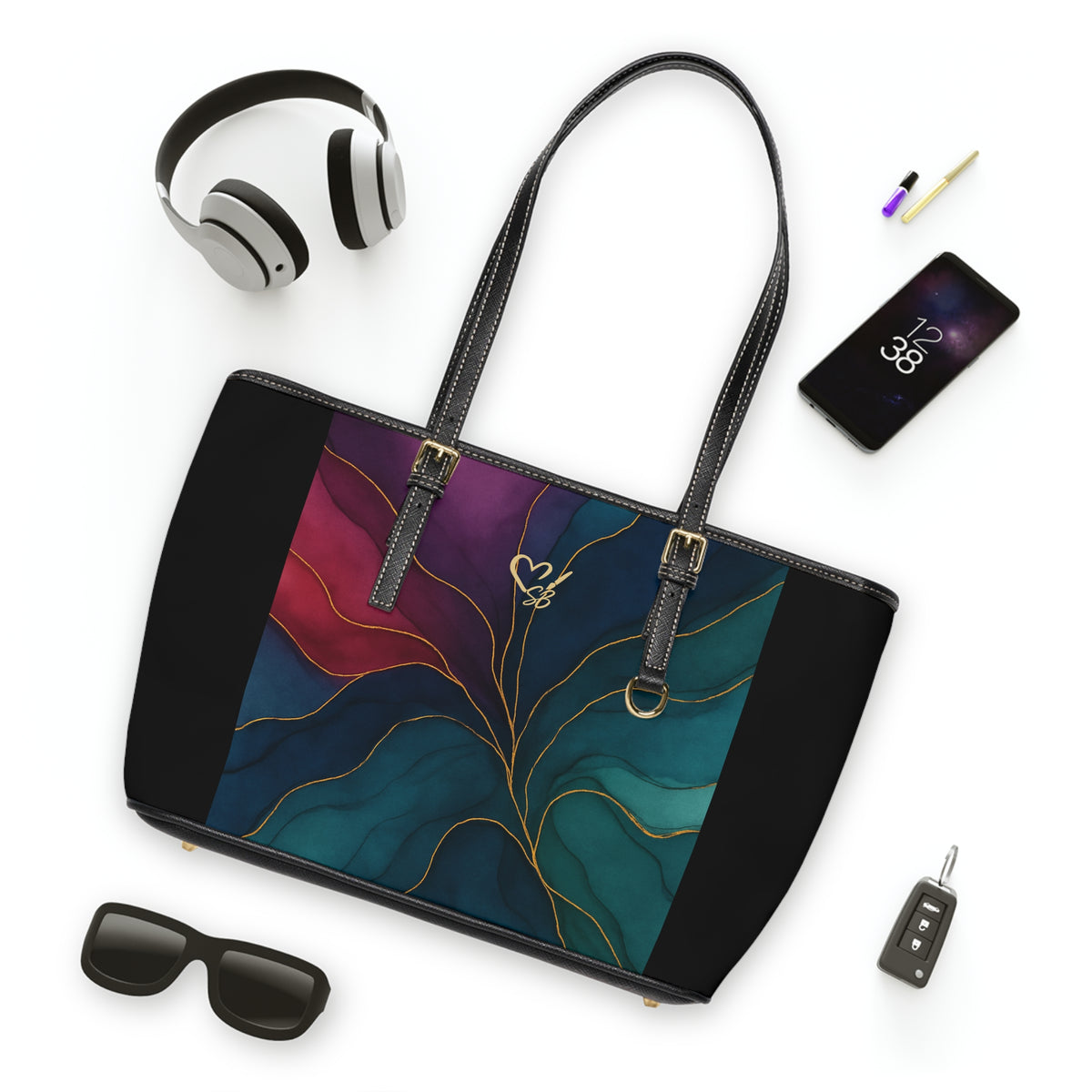 Tyler-2025 Artisan Luxe Collection-panel PU Shoulder Bag — Teal & Burgundy Tote with Gold Vein Accent