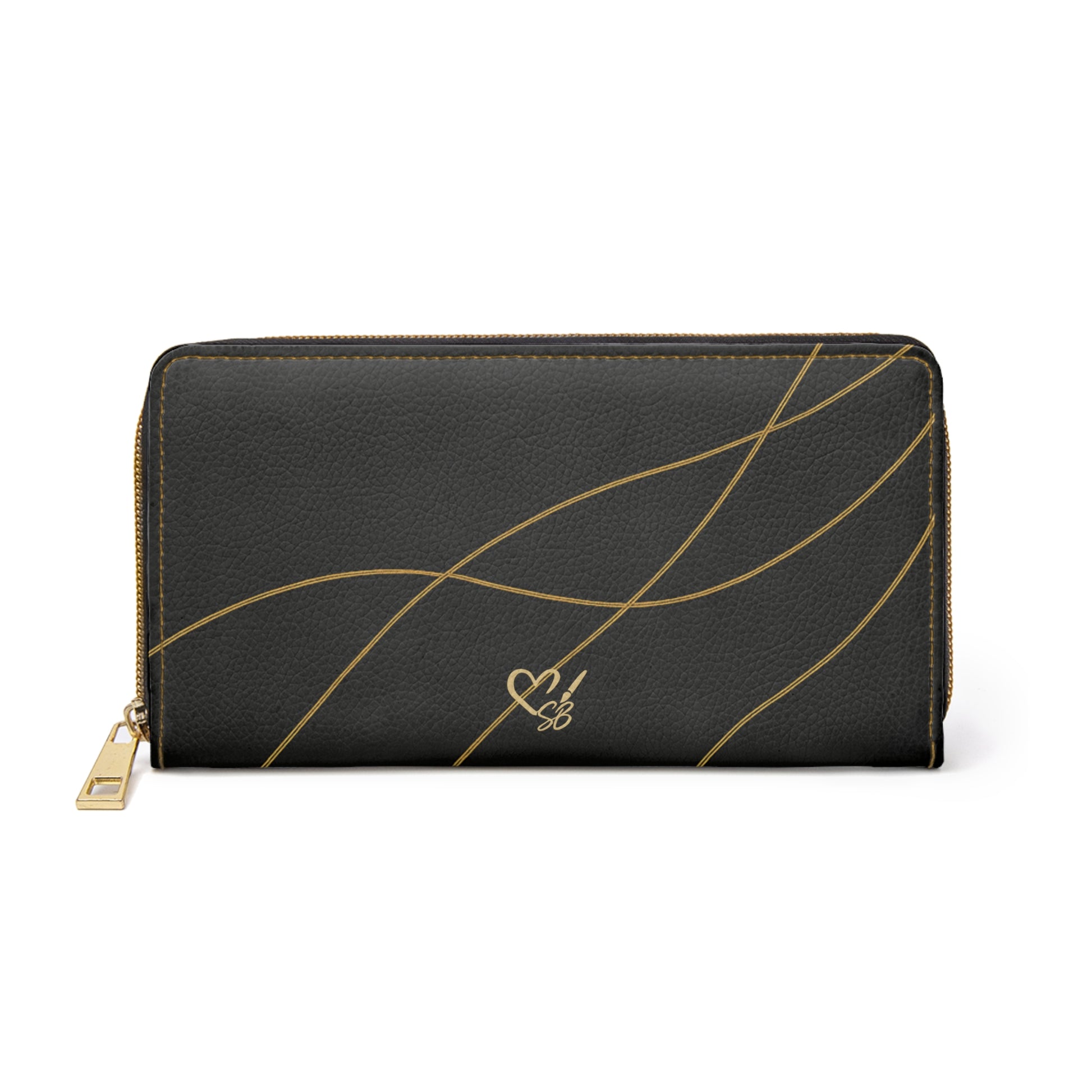 Lola elegant black zip wallet with gold line accent – PU leather zip-around cardholder by the Soulful Brush
