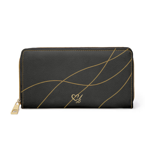 Lola elegant black zip wallet with gold line accent – PU leather zip-around cardholder by the Soulful Brush
