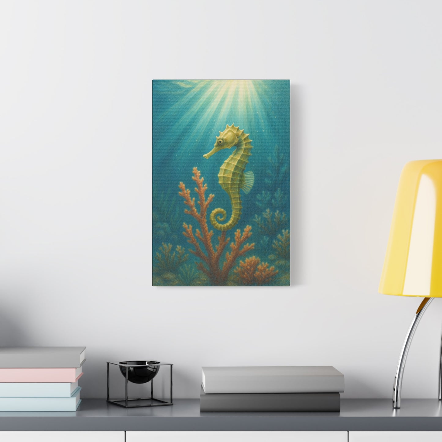 Lámina artística de caballito de mar con paspartú — Lámina artística náutica para pared