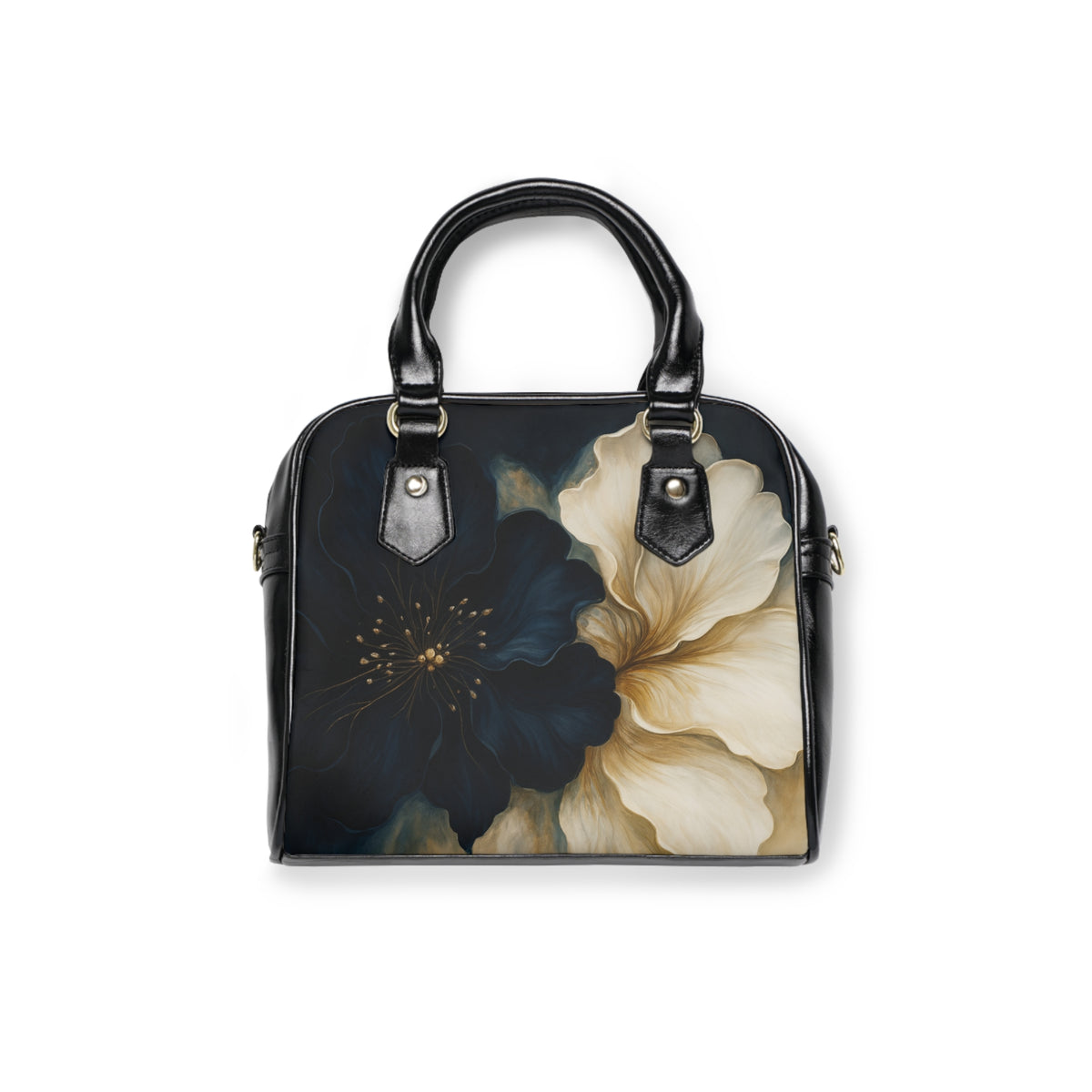 Floral Shoulder Handbag – Elegant Black & Cream Bloom Print