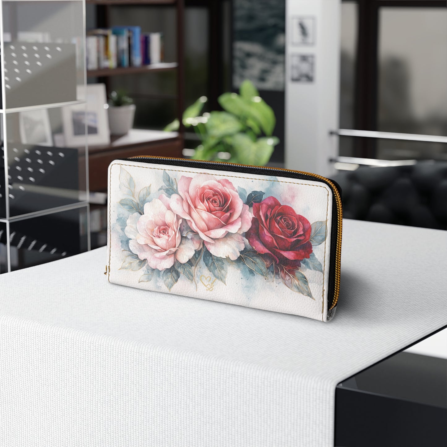 Rosie-Artisan Luxe  Zipper Wallet — Watercolor Pink & Red Roses Long Wallet