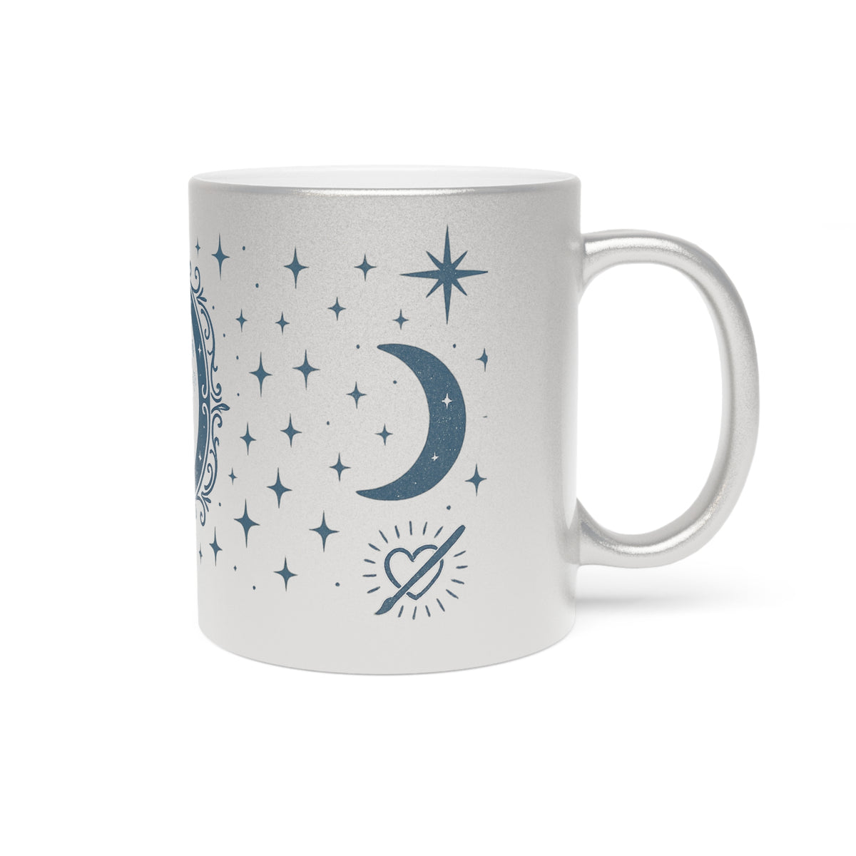 Taza Metálica Fase Lunar — Taza de Café Celestial Plateada/Dorada con Estrellas y Luna Creciente