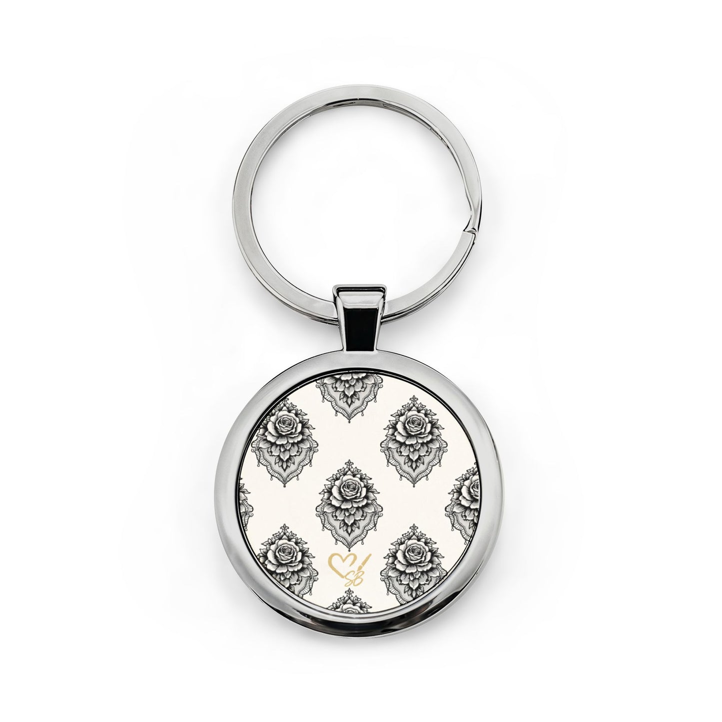 Veiled Rose Round Stainless Steel Keychain — Monogram Heart Accent