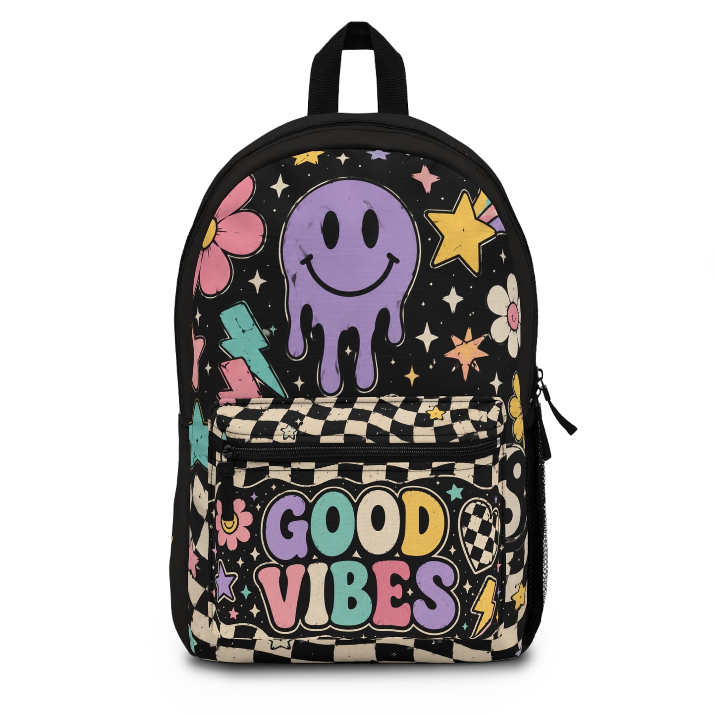Good Vibes Checkerboard Backpack — Colorful Retro Smiley School Bag