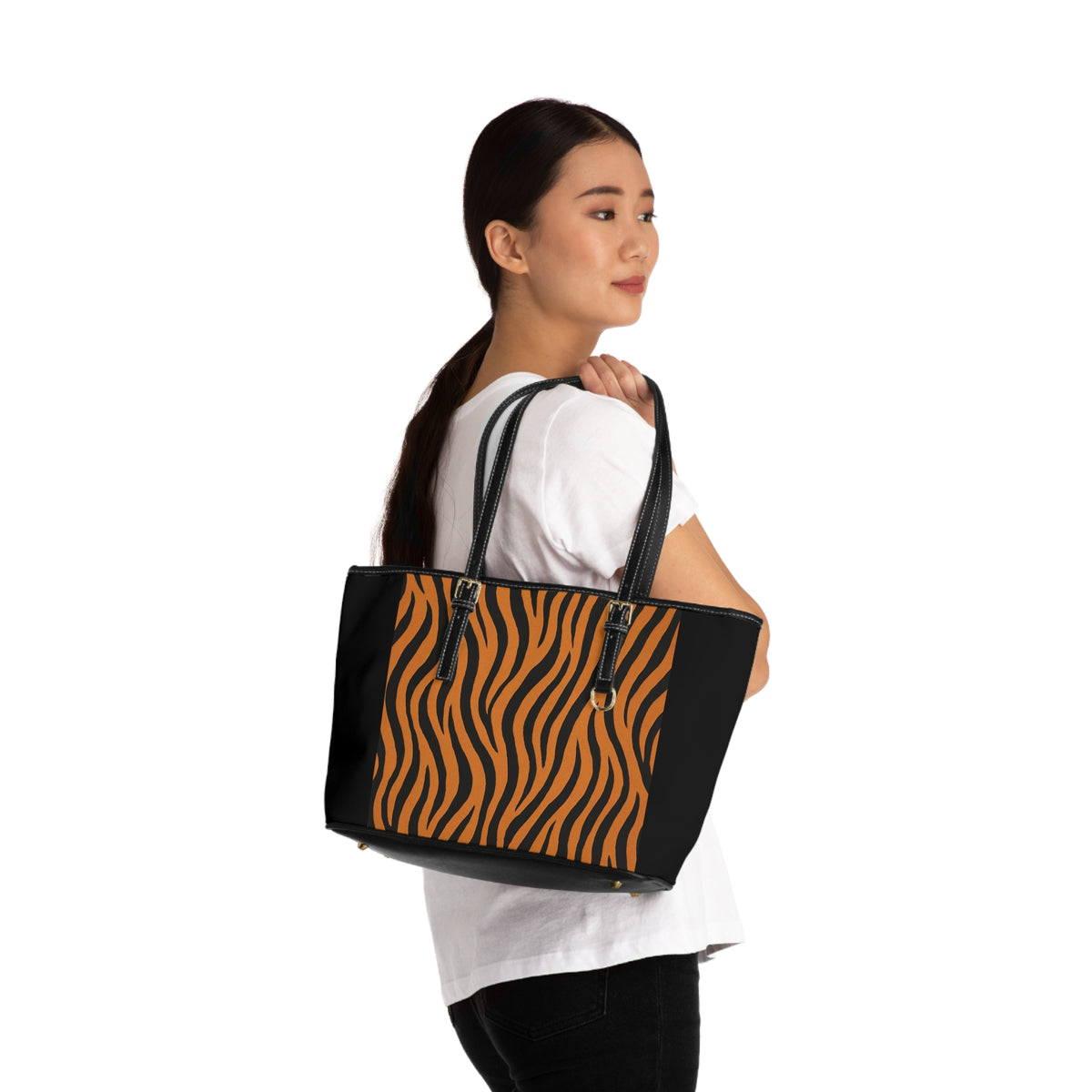 Tiger Stripe PU Leather Shoulder Bag — Black & Orange Animal Print Tote