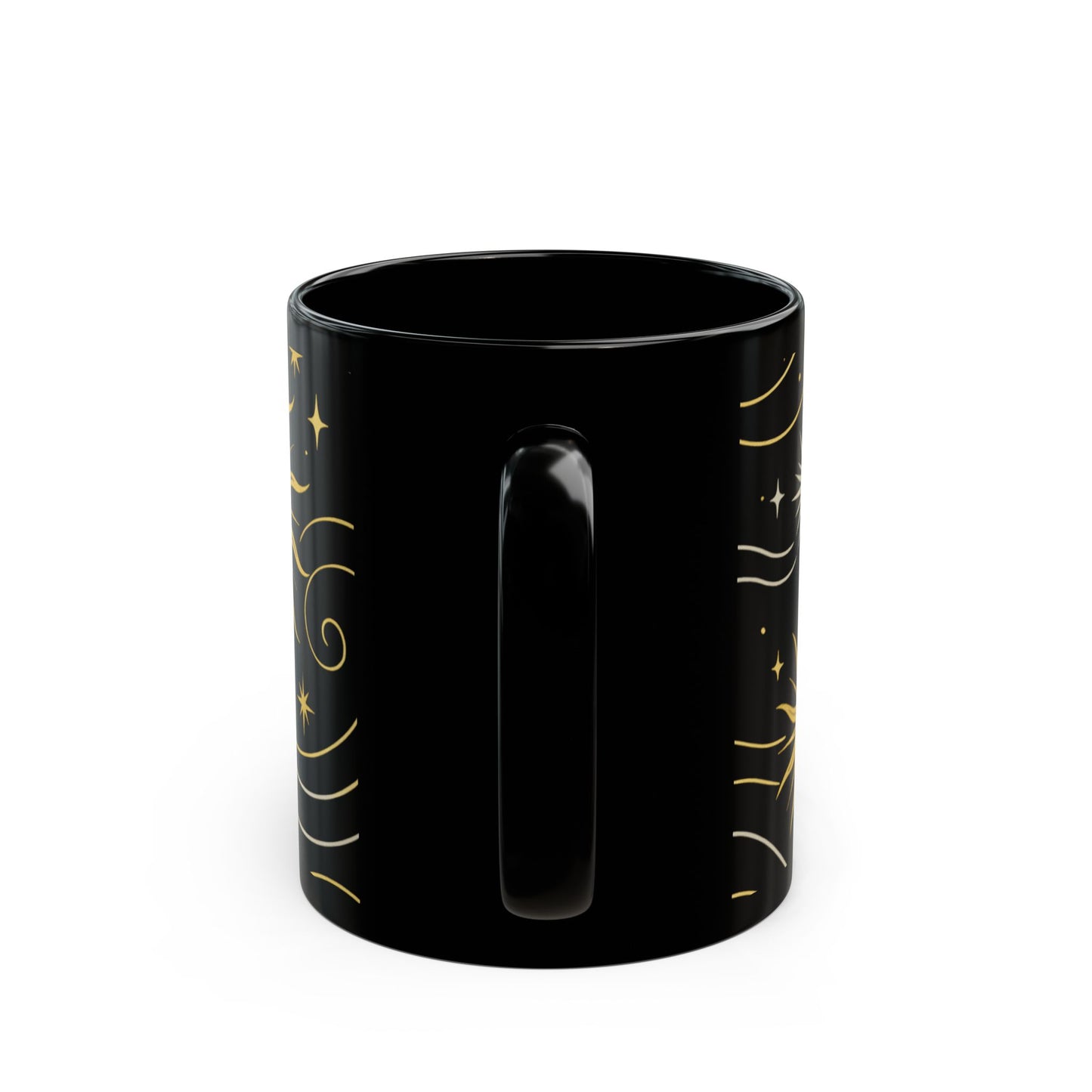 Astrology Sun & Stars Black Mug — Gold Celestial Coffee Cup (11oz/15oz)