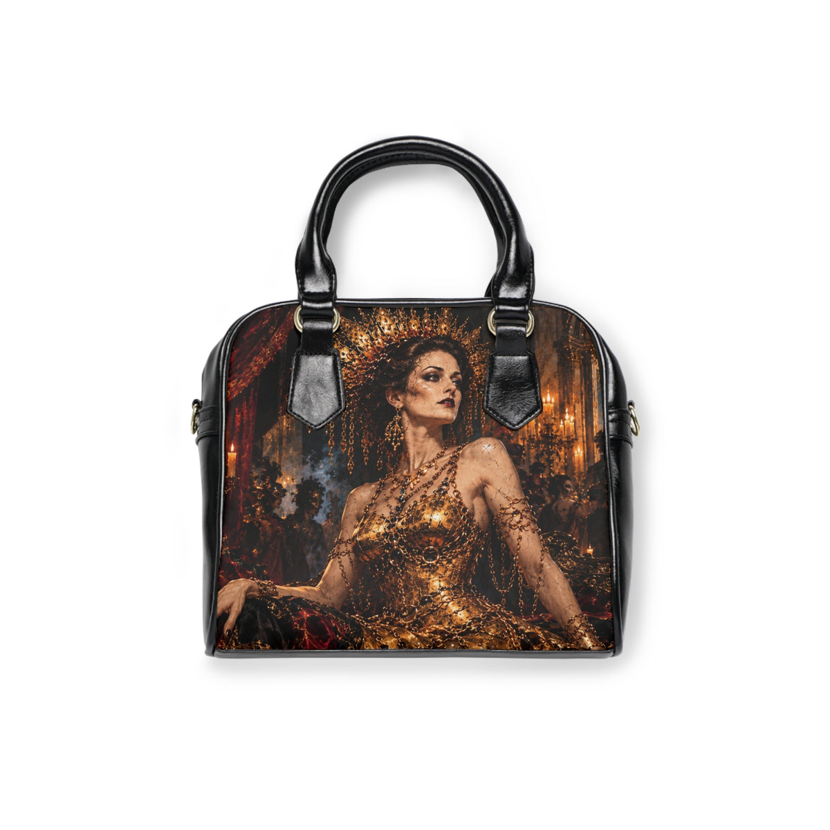 Front of The Gilded Queen shoulder handbag with black handles and artwork depicting a woman wearing a radiating gold crown and ornate gold dress.