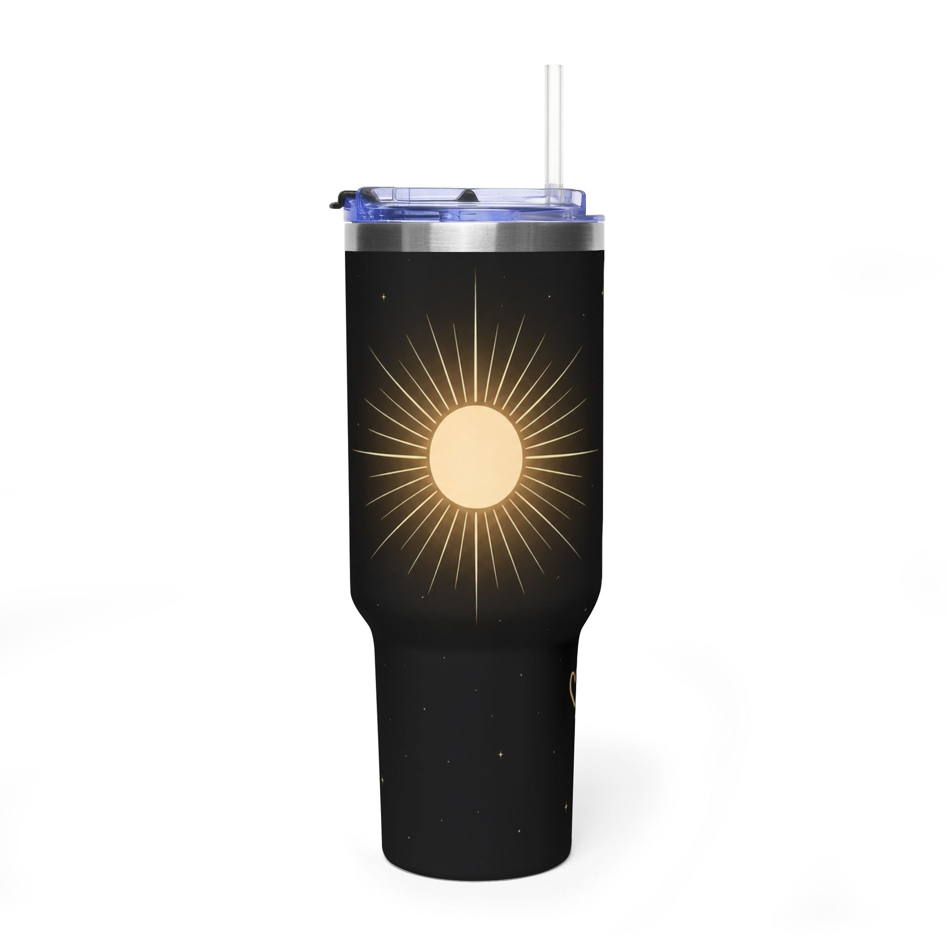 Solar Halo celestial sun 40oz tumbler – vacuum insulated travel mug with radiant sun and stars design by the Soulful Brush
