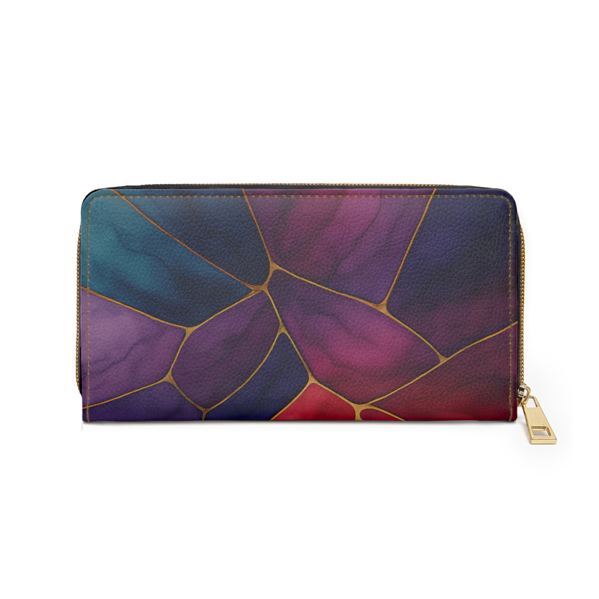 Shelby zipper wallet back view – colorful marble pattern PU leather wallet with gold-tone zipper by the Soulful Brush
