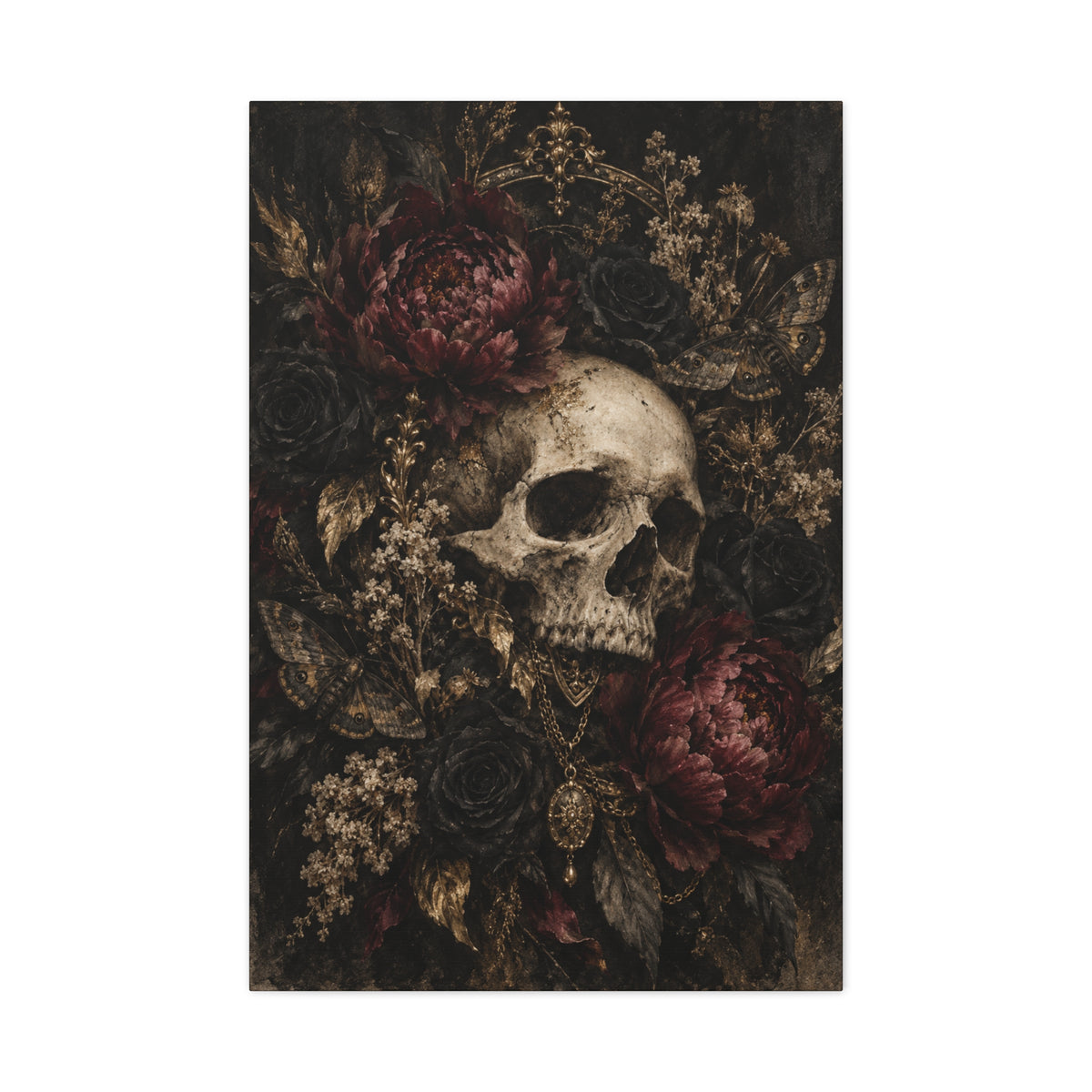 Gothic Skull & Peonies Canvas Wall Art —Velvet Mourning- Dark Floral Home Decor