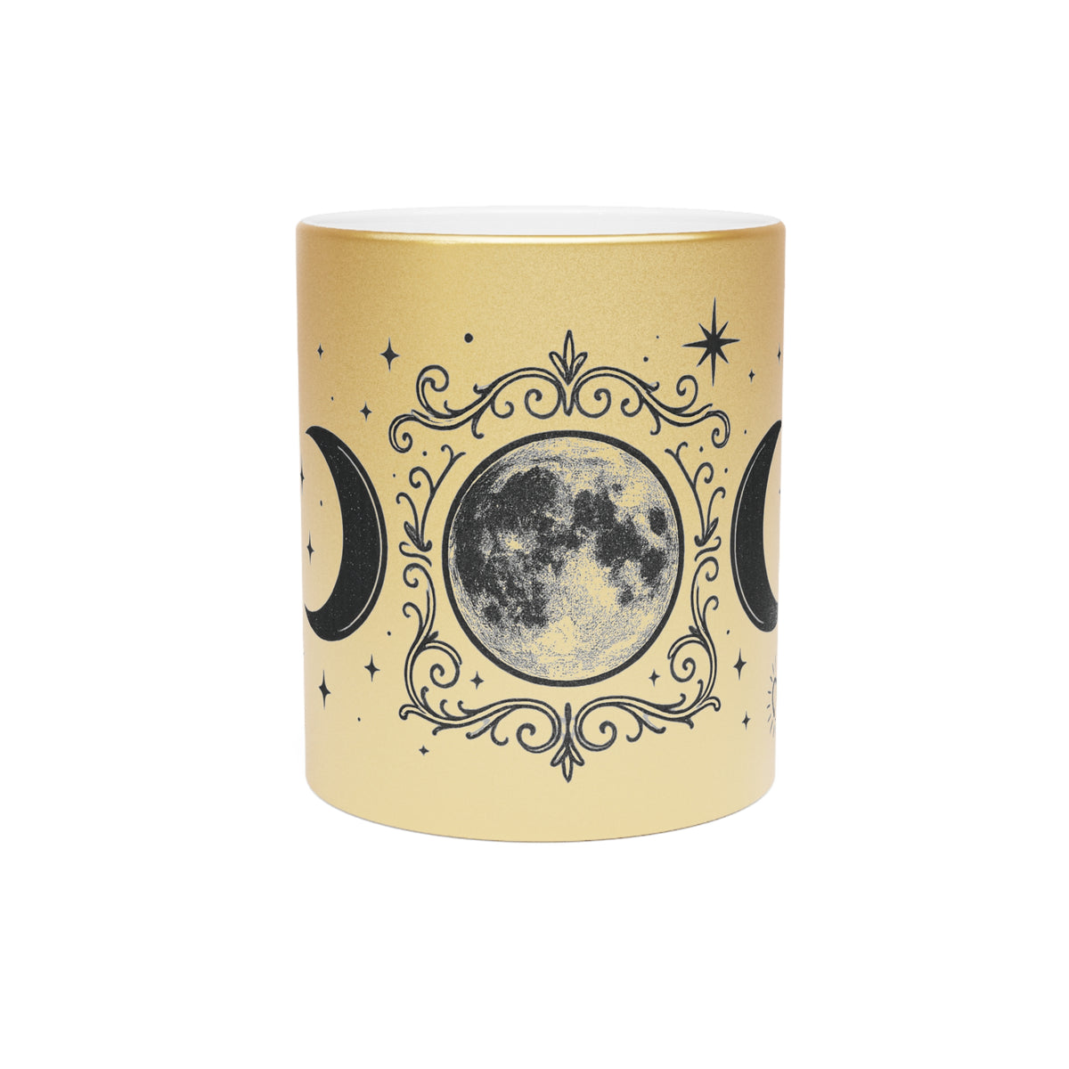 Moon Phase Metallic Mug — Crescent & Full Moon Silver Coffee Cup