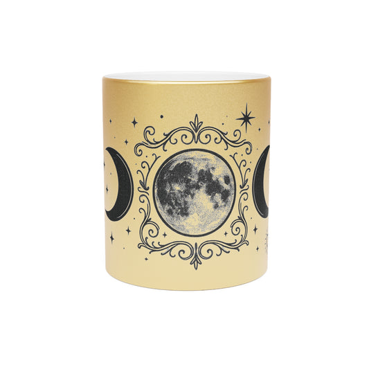 Moon Phase Metallic Mug — Crescent & Full Moon Silver Coffee Cup