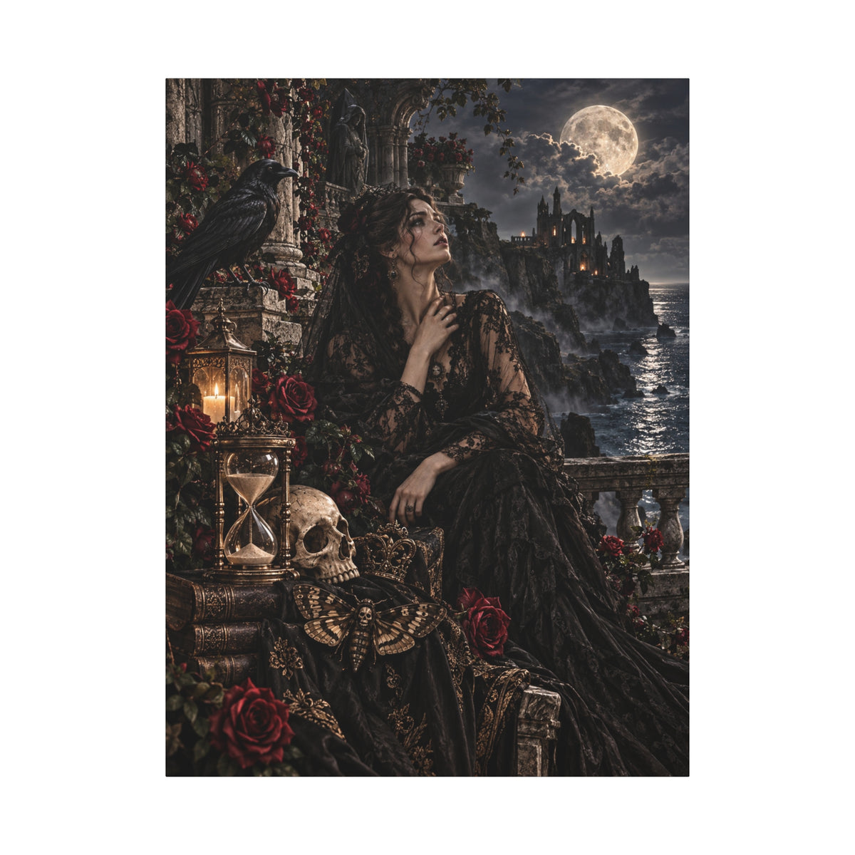 Gothic Moonlight Lady Matte Canvas Wall Art —Garden of Sorrow- Gothic Castle, Skull & Rose Décor
