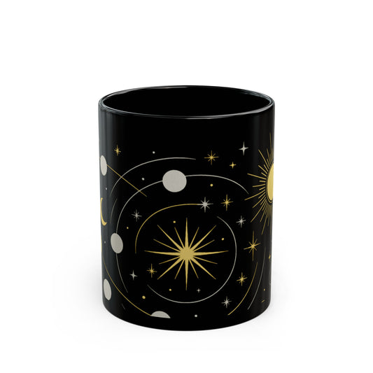 Astrology Sun & Stars Black Mug — Gold Celestial Coffee Cup (11oz/15oz)