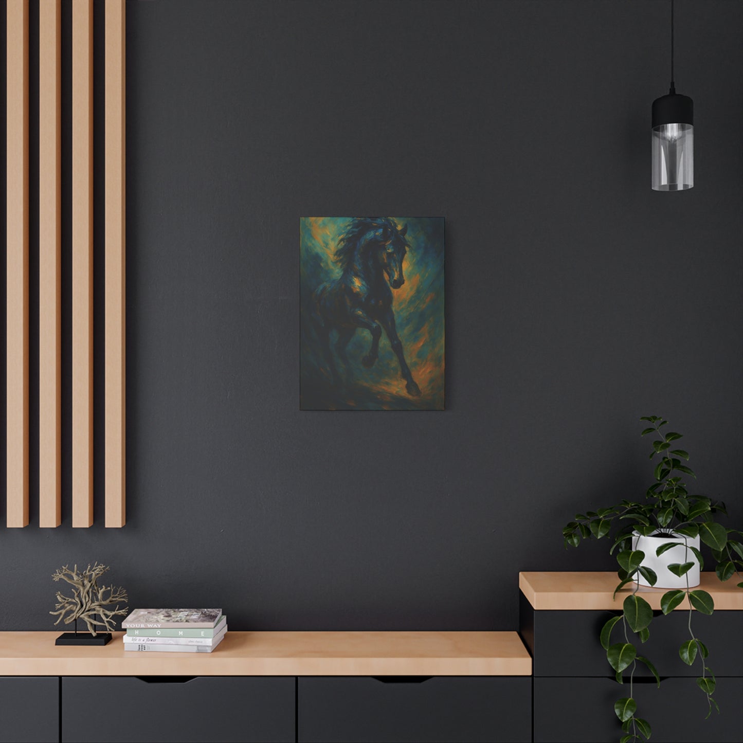 Lienzo Mate de Caballo Negro Galopando — Dramática Pintura Ecuestre