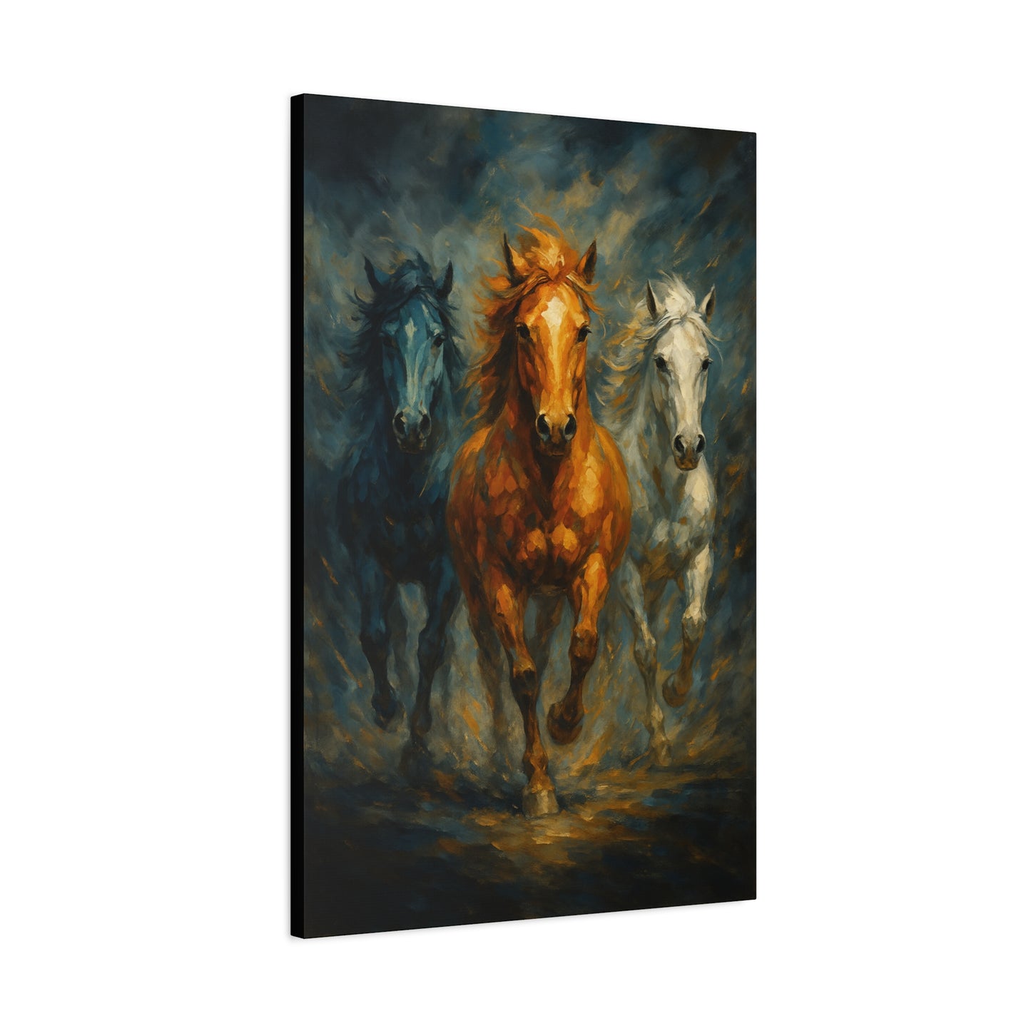 Arte de pared en lienzo mate "Caballos corriendo" — Pintura de trío dramático, estirado 1.25"