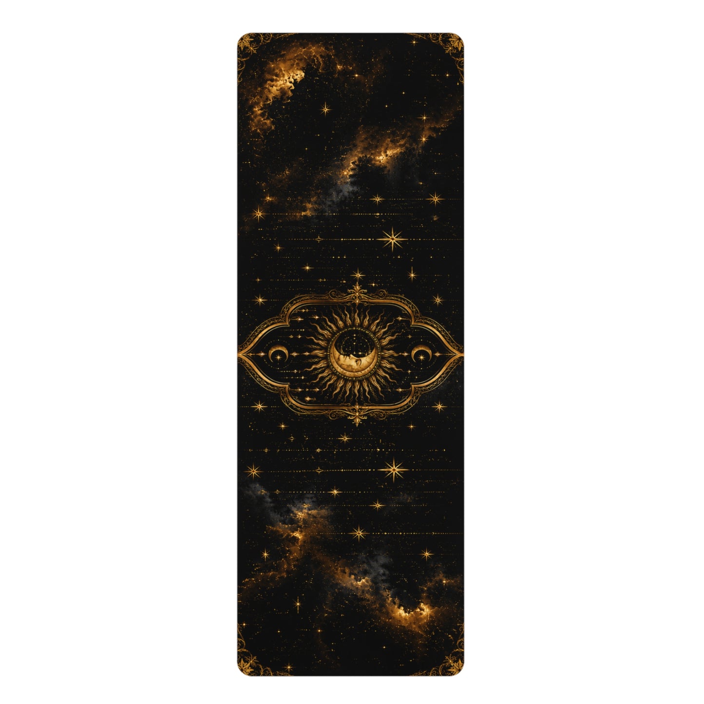 Celestial Sun & Moon Rubber Yoga Mat — Golden Cosmic Mandala Design