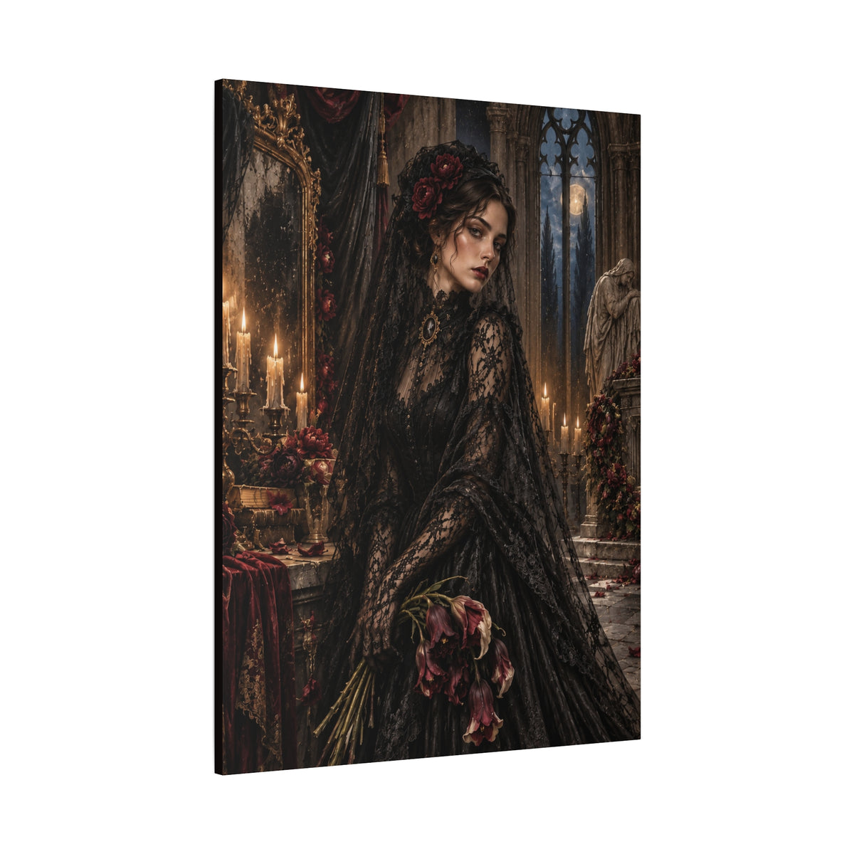 Gothic Mourning Lady Matte Canvas Print — Rose for the Departed-Victorian Dark Romantic Wall Art