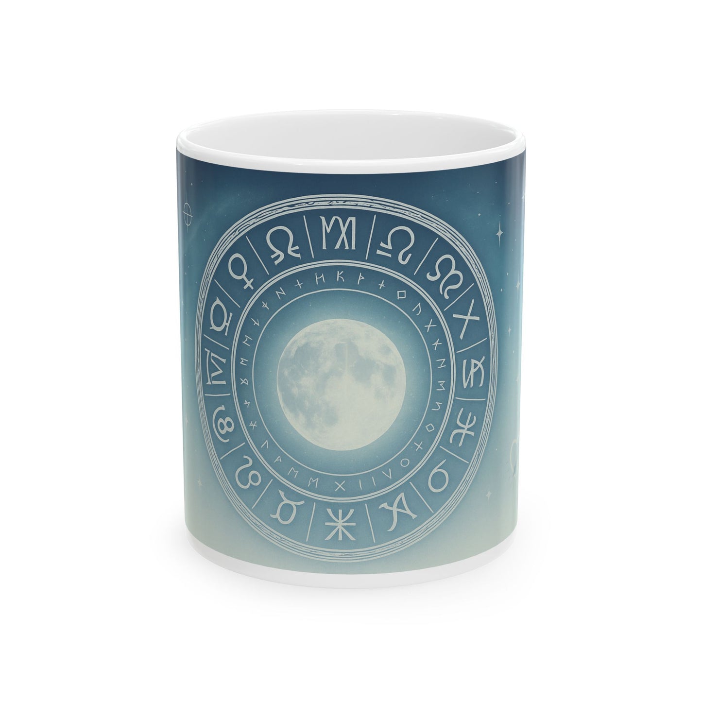 Zodiac Moon Ceramic Mug — Astrological Symbols Coffee Cup (11oz/15oz)