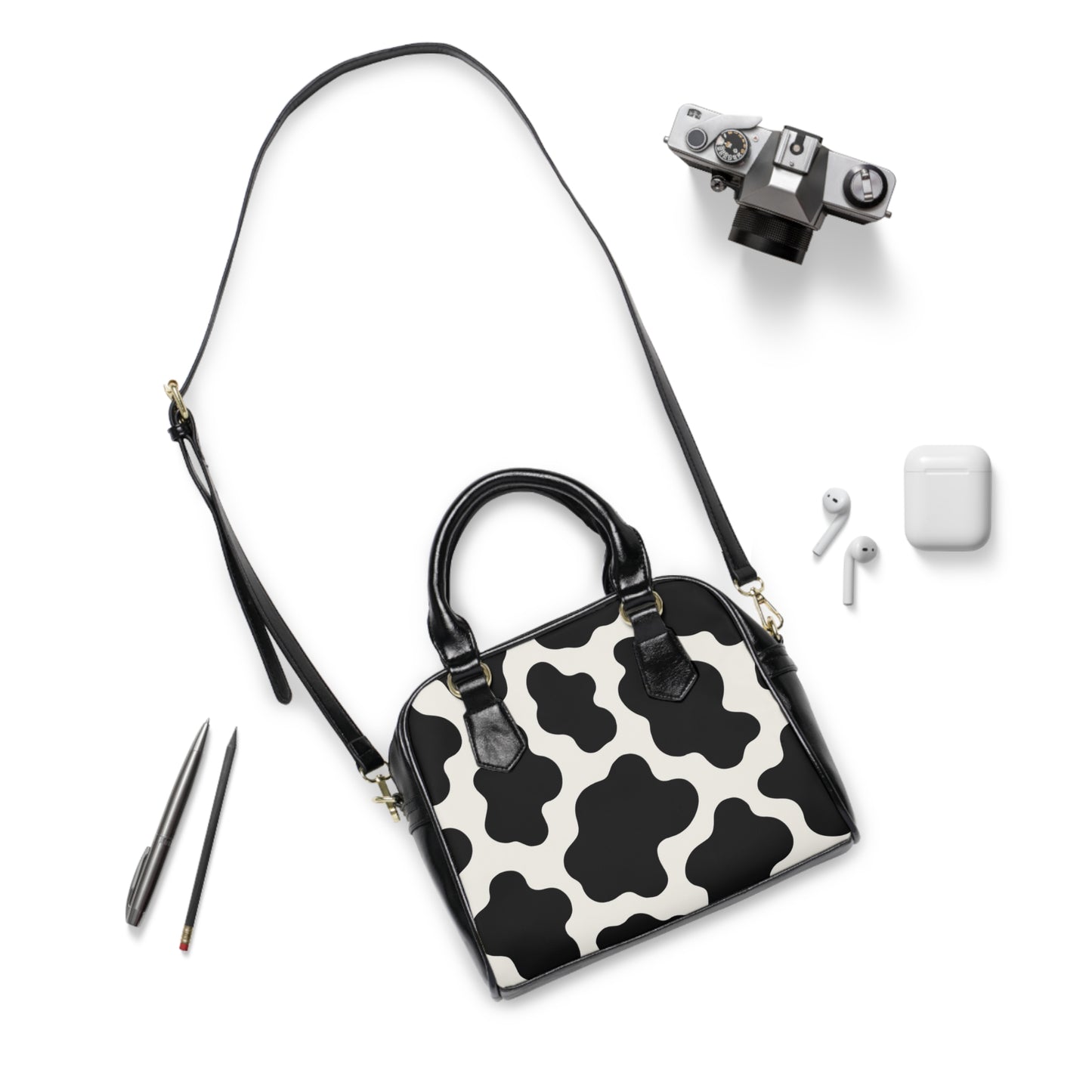 Cow Print Shoulder Handbag – Black & White Chic Tote