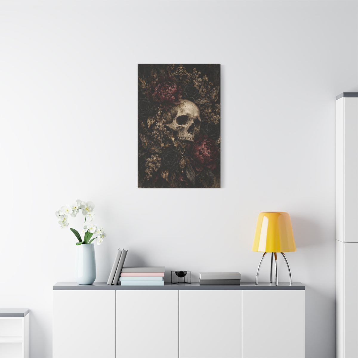 Gothic Skull & Peonies Canvas Wall Art —Velvet Mourning- Dark Floral Home Decor