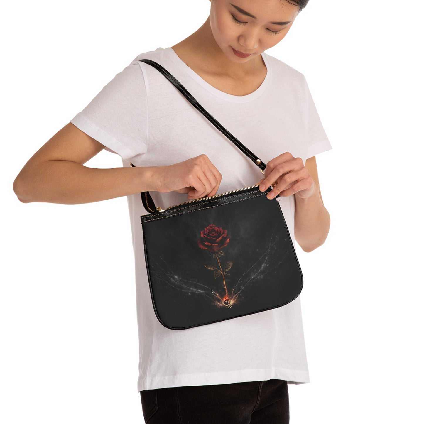 Eterno Florecer - Bolso de Hombro Pequeño — Bandolera Gótica Oscura con Rosas, Diseño Floral Vintage Romántico