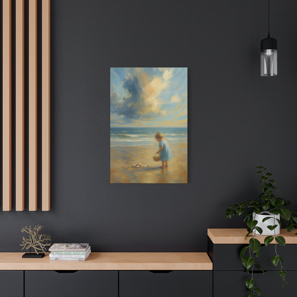 Seaside Childhood Canvas Art — Little Girl Collecting Shells Beach Painting
