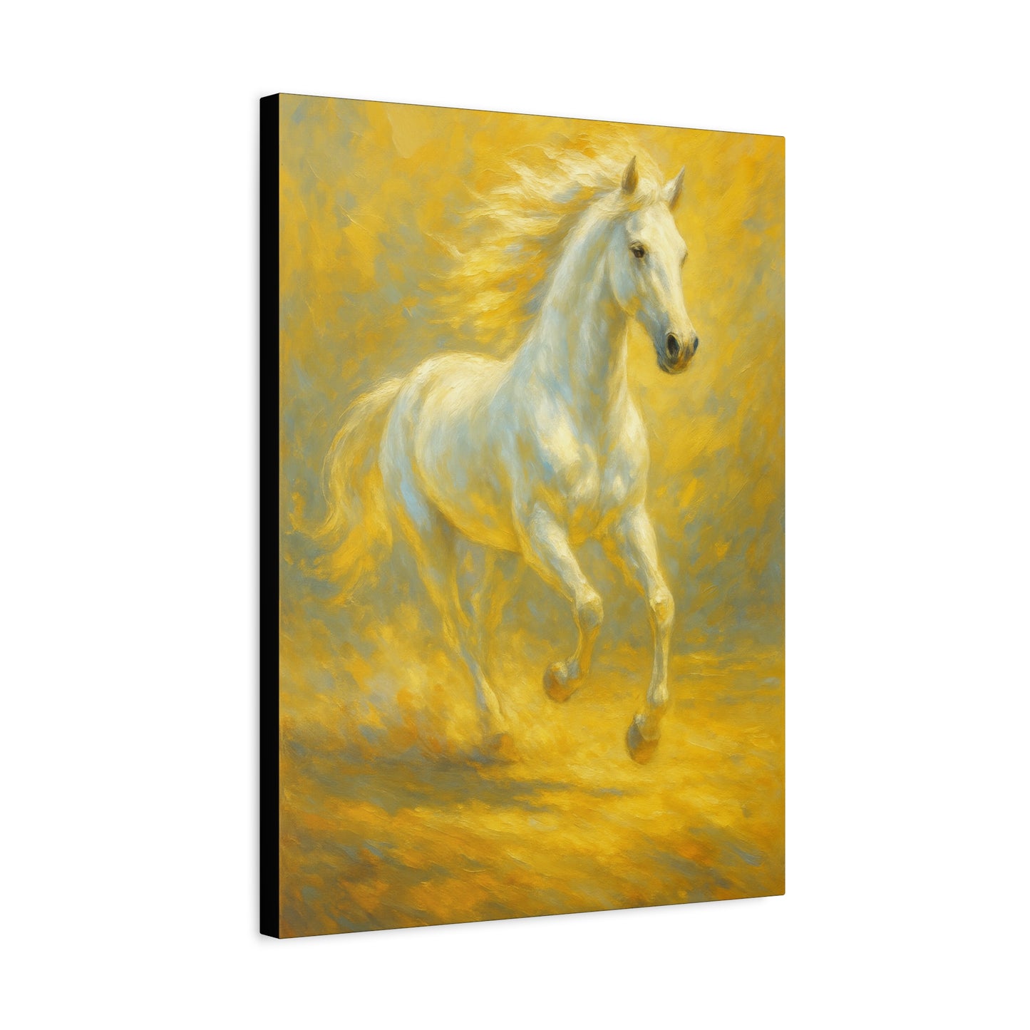 Running White Horse Matte Canvas Wall Art — Golden Equestrian Print