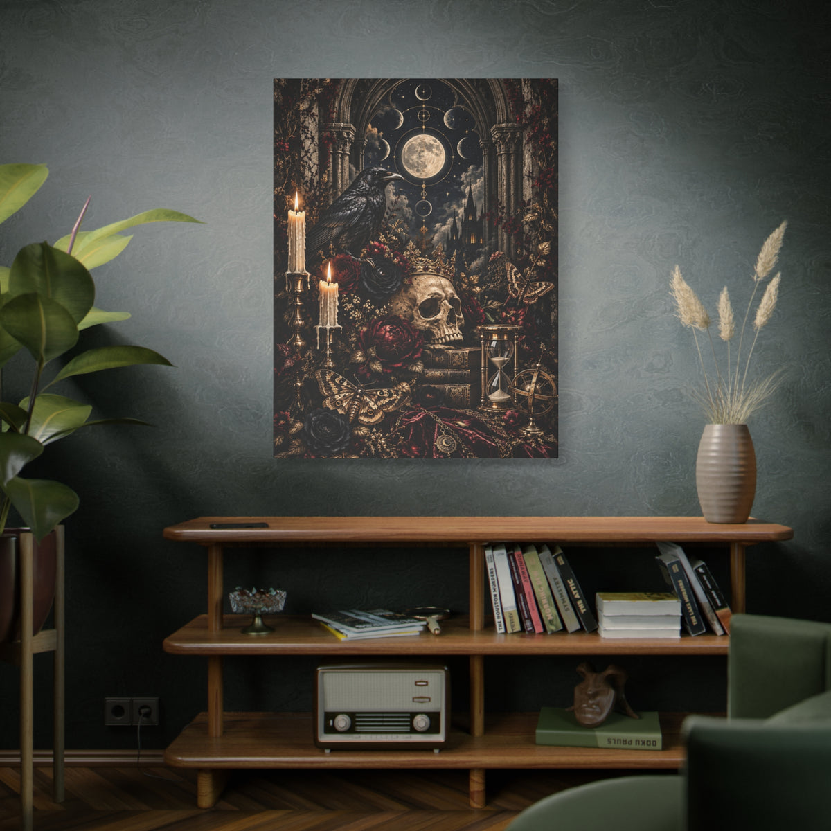 Gothic Moon Skull Canvas Art — Dark Victorian Still Life Wall Decor