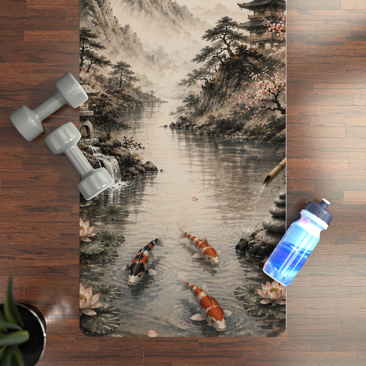 Zen Koi Rubber Yoga Mat — Japanese Landscape Yoga Mat with Koi Fish & Pagoda