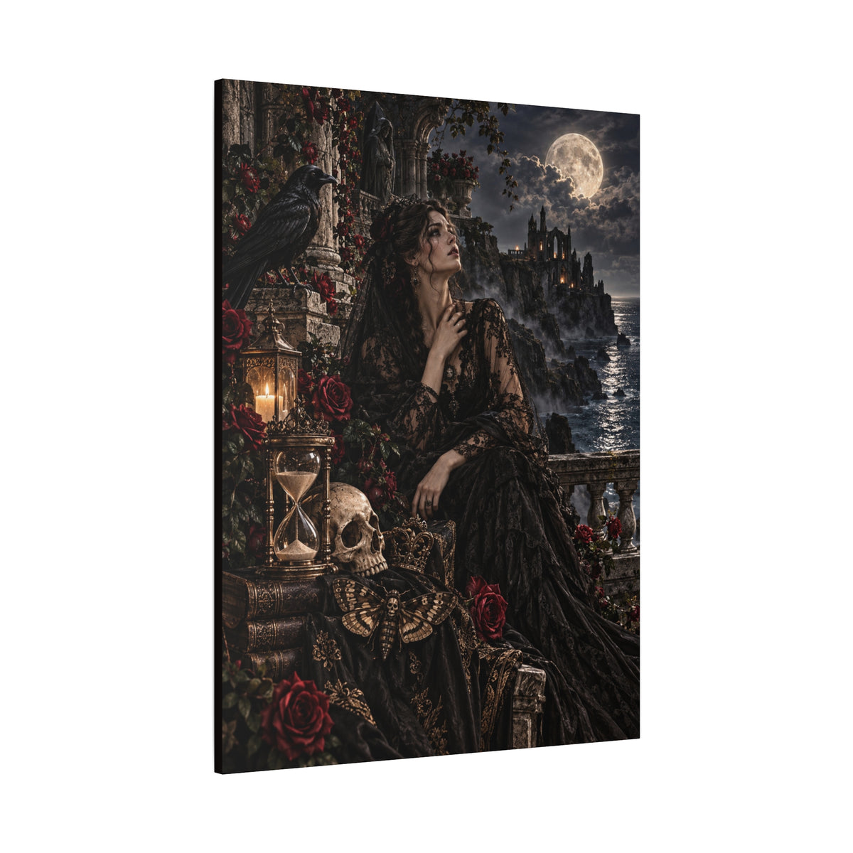 Gothic Moonlight Lady Matte Canvas Wall Art —Garden of Sorrow- Gothic Castle, Skull & Rose Décor