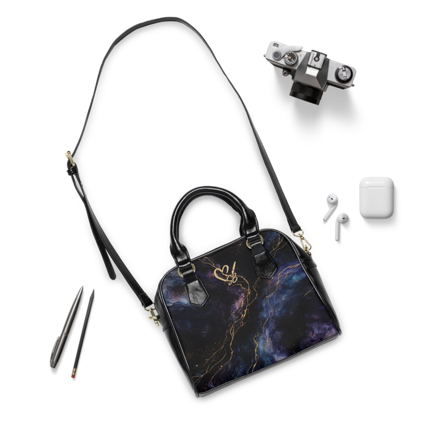 Onyx-2025 Colección Artisan Luxe - Bolso de hombro — Bolso tote Negro y Oro con espirales y Monograma de Corazón