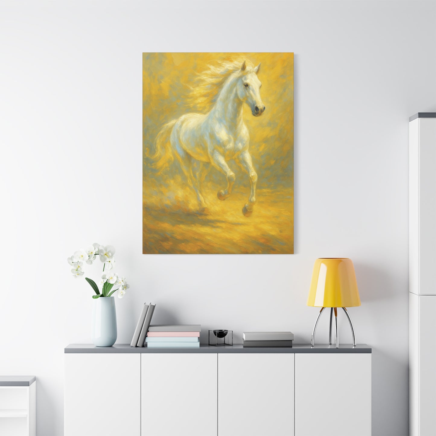 Running White Horse Matte Canvas Wall Art — Golden Equestrian Print