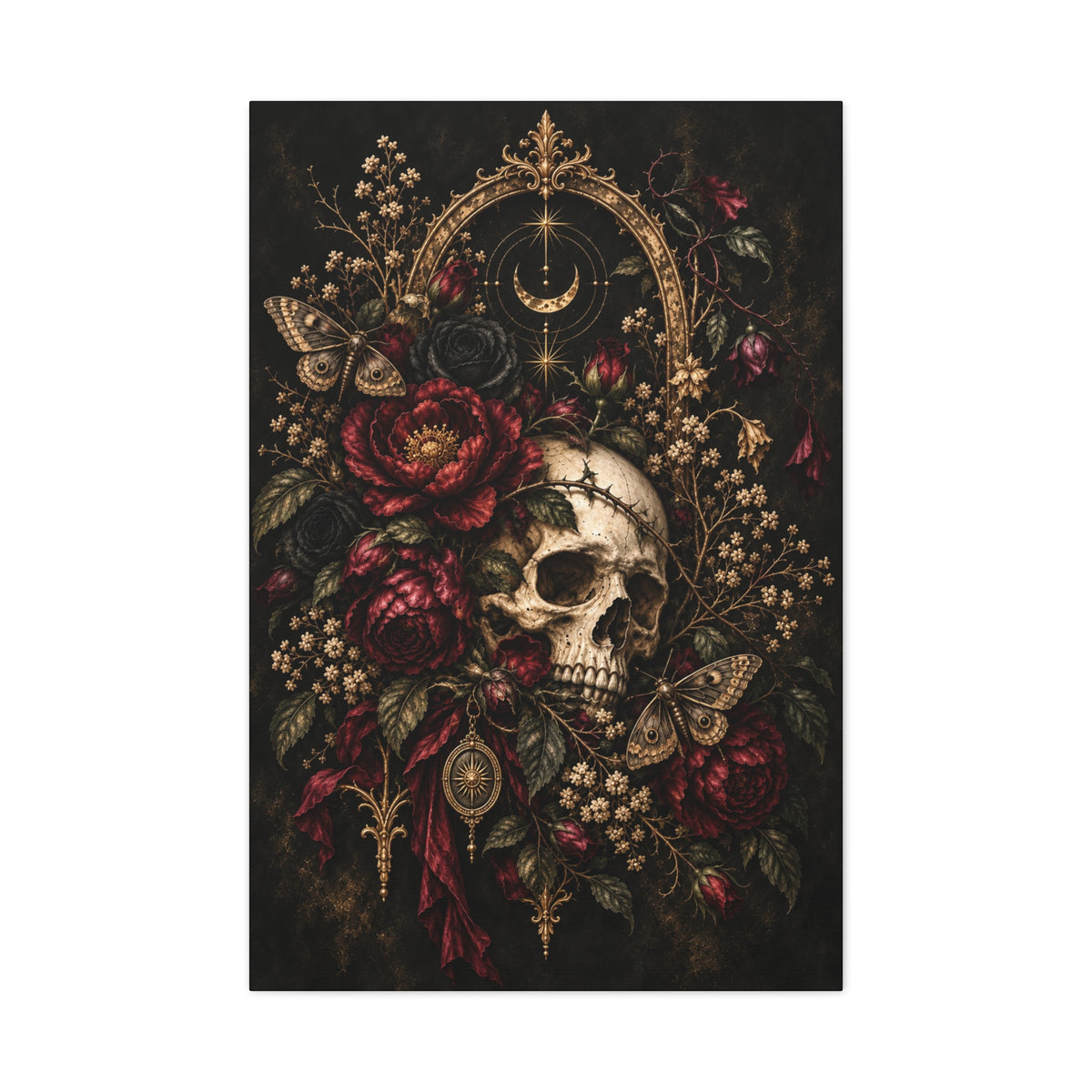 Skull & Roses Gothic Canvas Wall Art —Eclipsed Moon- Matte Stretched 1.25"