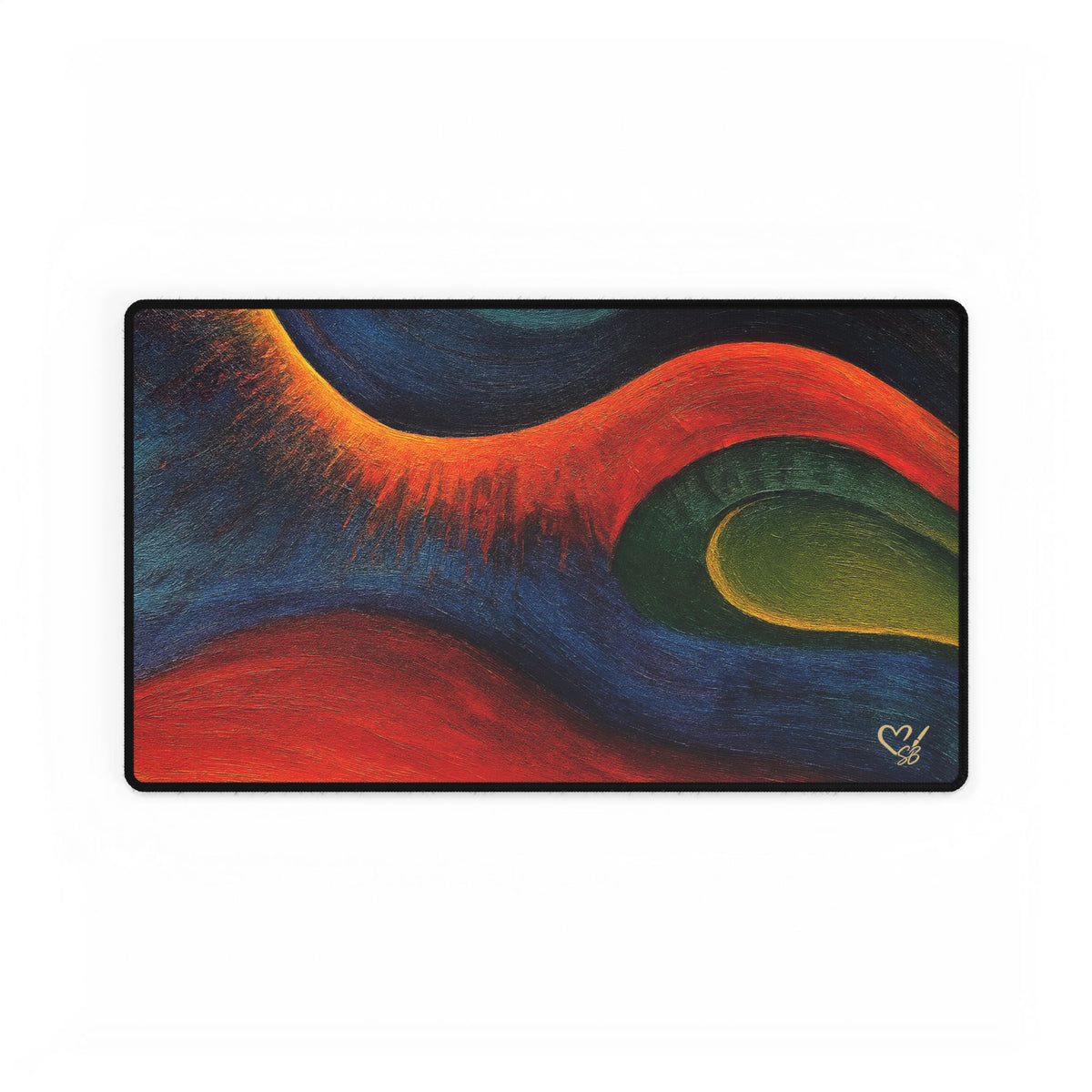 Rectangular abstract desk mat showing red and orange curves across a blue and green background.