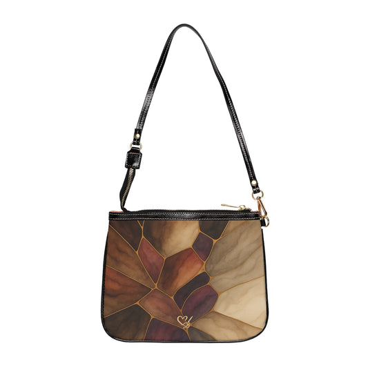 Sienna Artisan Luxe small shoulder bag front view – earthtone stained glass floral print compact crossbody by the Soulful Brush
